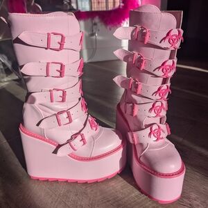 YRU Pink 9 Rave festival Buckle Platform Boots 9 Y2k Demonia